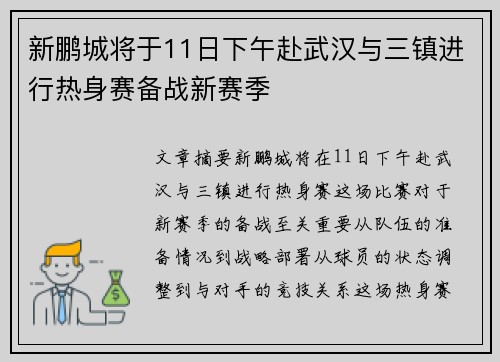 新鹏城将于11日下午赴武汉与三镇进行热身赛备战新赛季